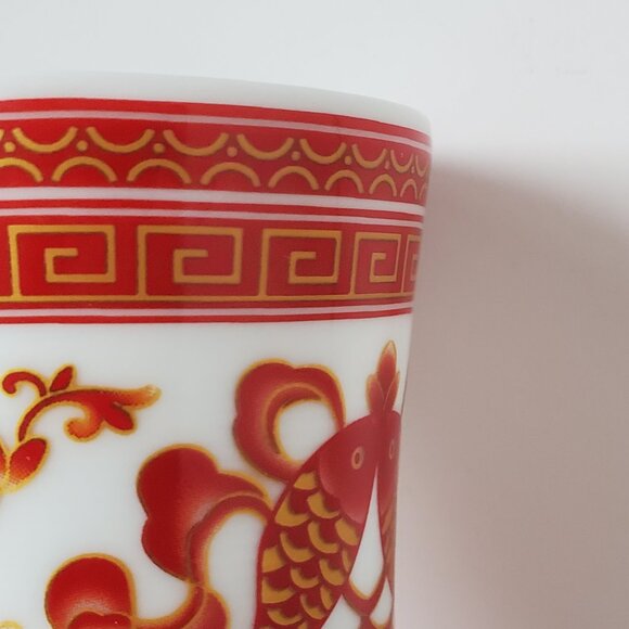 Vintage Chinese Ball Vase with Red Coral Motif Pattern Scroll Vines Koi Fish 10" - Picture 7 of 9